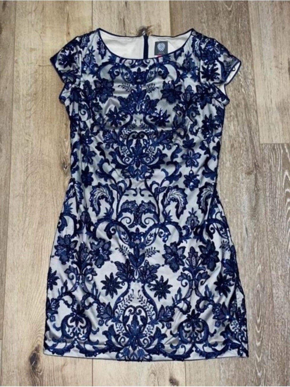 Vince Camuto Navy Blue Floral Lace Overlay Sheath Dress